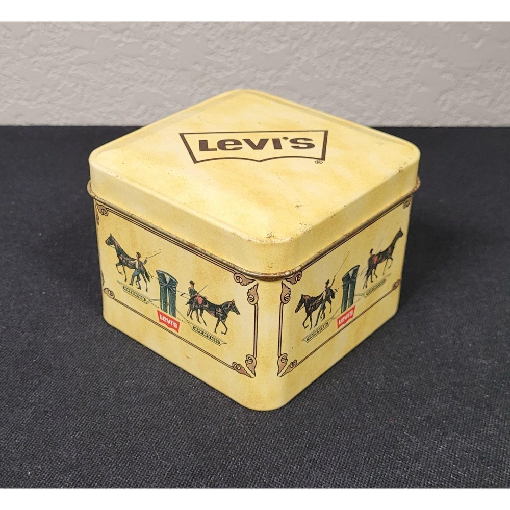 Vintage 1990s Yellow Levi's Square Metal Tin with Classic Two Horse Logo - Empty